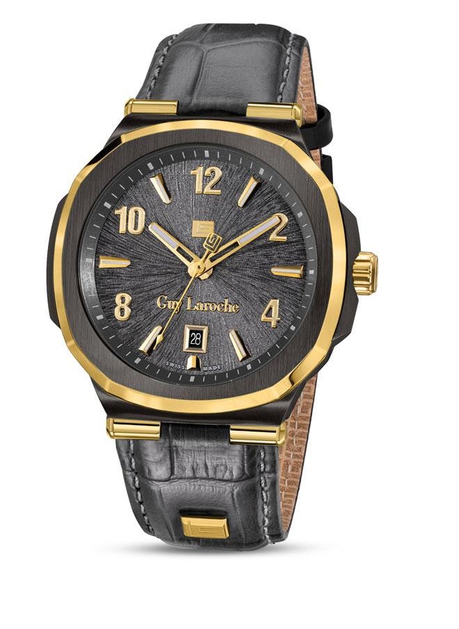 Guy Laroche Charlie 45.5mm Men's Swiss Quartz Watch with Cool Grey Dial & Textured Leather Strap  - Image 1