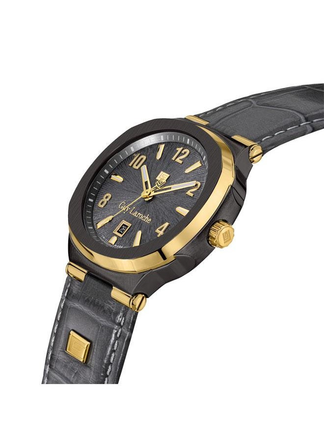 Guy Laroche Charlie 45.5mm Men's Swiss Quartz Watch with Cool Grey Dial & Textured Leather Strap  - Image 2