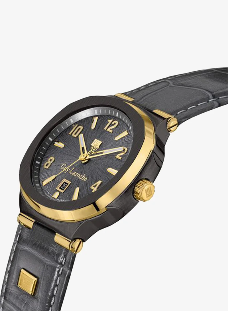 Guy Laroche Charlie 45.5mm Men's Swiss Quartz Watch with Cool Grey Dial & Textured Leather Strap