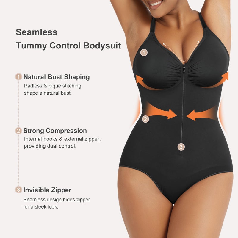 SHAPERX Women's Shapewear Bodysuit Tummy Control Seamless Zip-Up Body Shaper Waist Defining Body Suit,SZ5861-Black-New-L/XL - Image 4