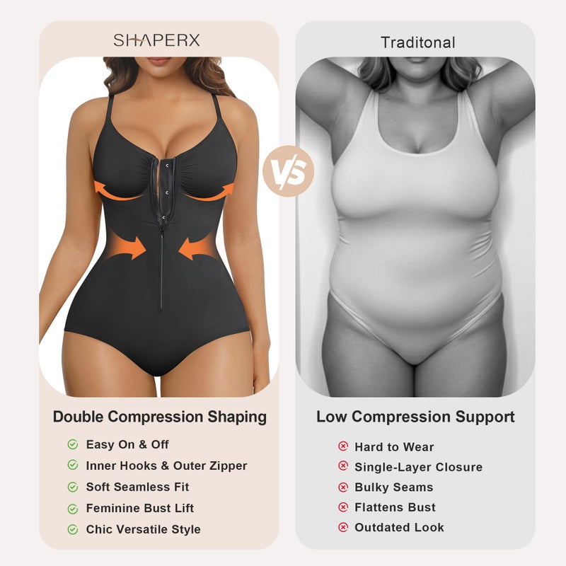 SHAPERX Women's Shapewear Bodysuit Tummy Control Seamless Zip-Up Body Shaper Waist Defining Body Suit,SZ5861-Black-New-L/XL - Image 3