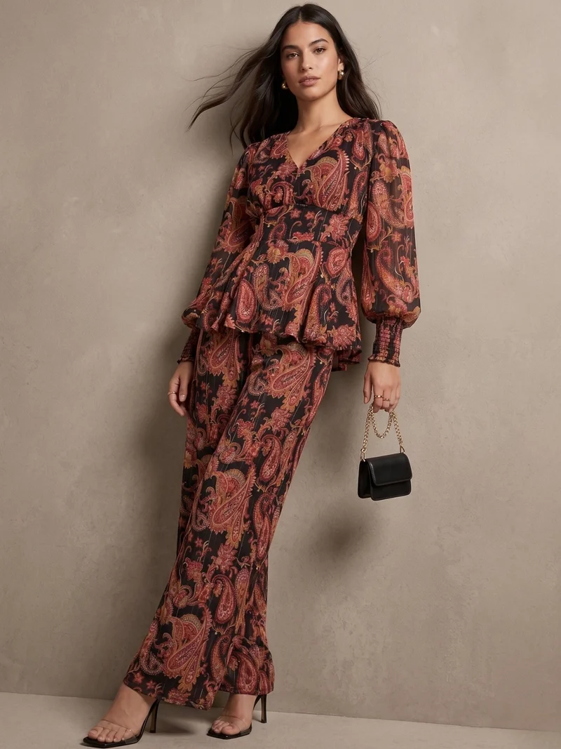 Outzidr  Brown Balloon Sleeve Peplum Top Coord Set With Wide Leg Trouser for Women | Best Price UAE