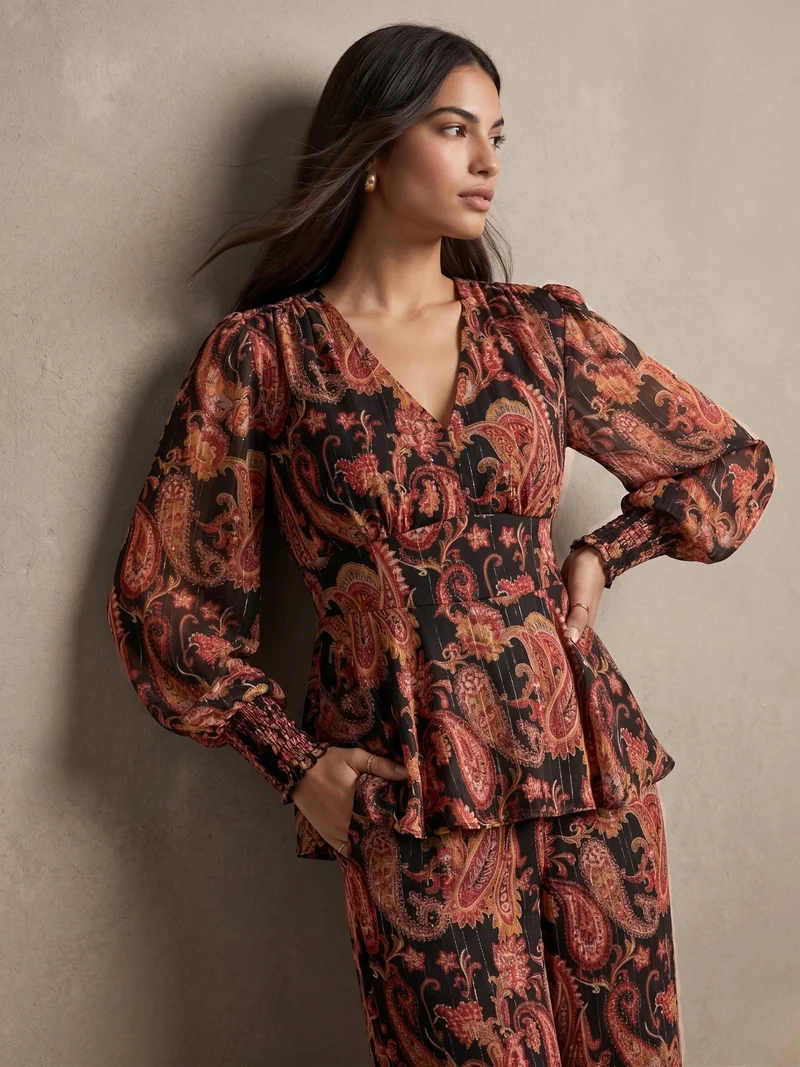 Outzidr  Brown Balloon Sleeve Peplum Top Coord Set With Wide Leg Trouser for Women | Best Price UAE