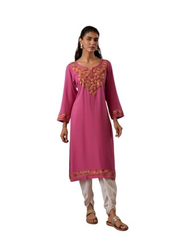 QAZMI Women's Huma Kashmiri Aari Work Keyhole Neck Viscose Rayon Pink Straight Kurta - Image 1