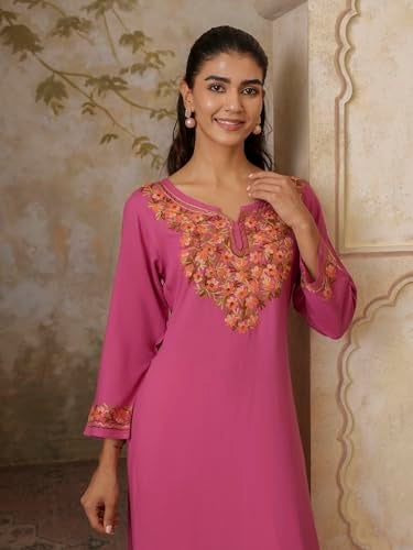 QAZMI Women's Huma Kashmiri Aari Work Keyhole Neck Viscose Rayon Pink Straight Kurta - Image 2