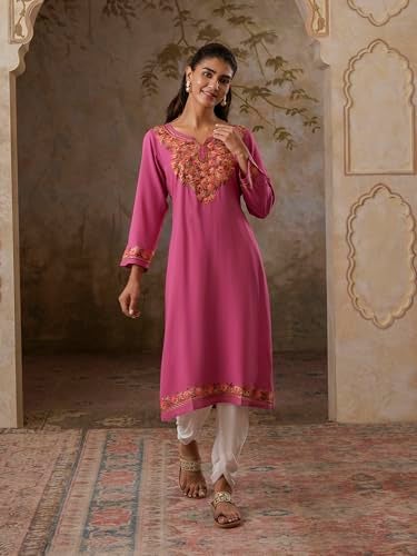 QAZMI Women's Huma Kashmiri Aari Work Keyhole Neck Viscose Rayon Pink Straight Kurta - Image 5