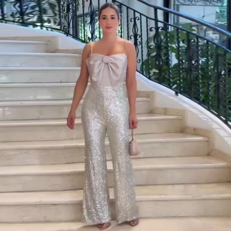 2024 Women'S Contrast Stitching High Waist Sequin Sling Wide Leg Jumpsuit - Image 1