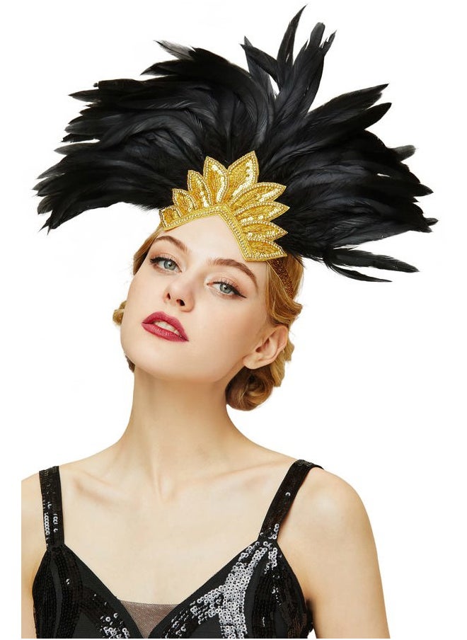 BABEYOND Carnival Feather Headpiece Showgirl Pageant Headband Women's 1920s Flapper Headband (Gold Crystal)  - Image 1