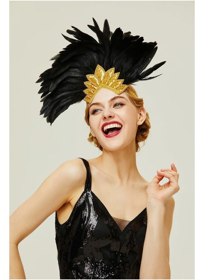 BABEYOND Carnival Feather Headpiece Showgirl Pageant Headband Women's 1920s Flapper Headband (Gold Crystal)  - Image 4