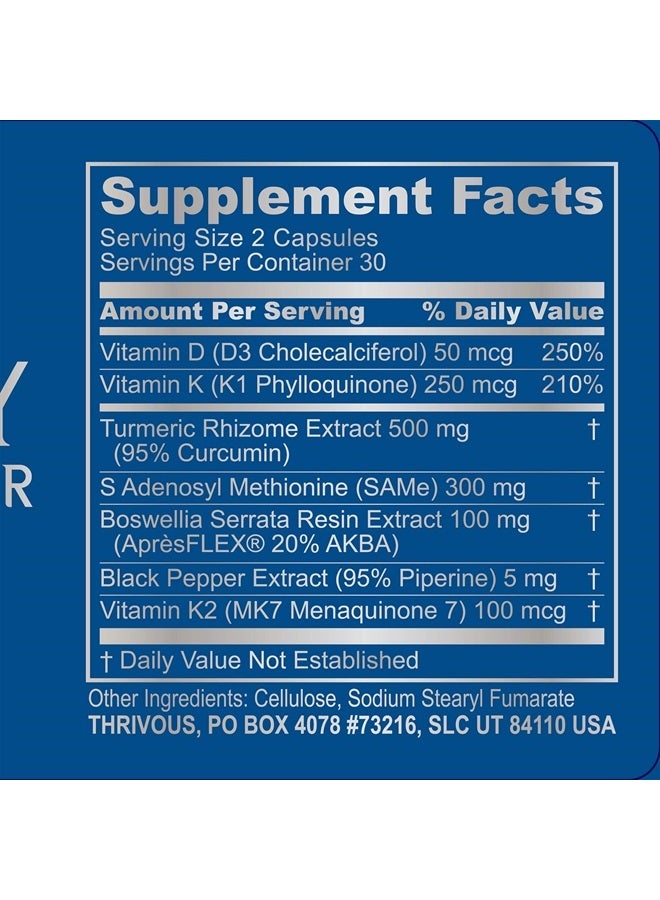 Thrivous Tenacity - Enhance Joint & Bone Function for Better Aging - Advanced Geroprotector Supplement: Turmeric Curcumin, ApresFlex Boswellia, Vitamin D3, Vitamin K2 MK7, Same - 60 Capsules - Image 3