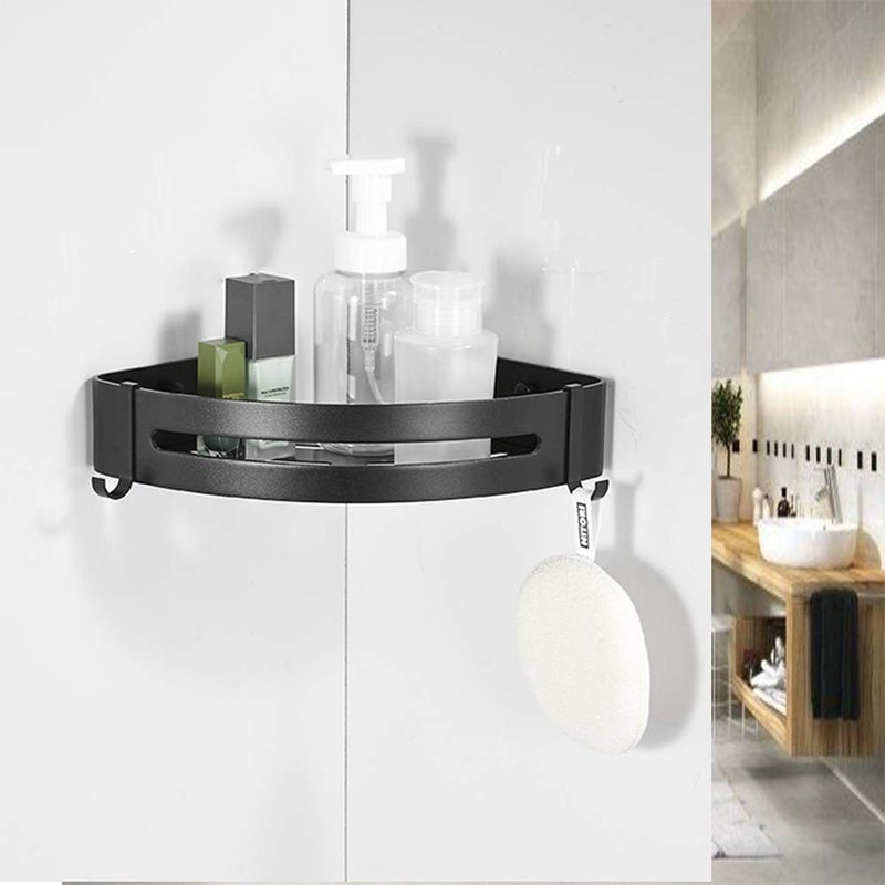 BESy Shower Corner Shelf Bathroom Shower Corner Caddy with Two Hooks, Self Adhesive with Glue or Wall Mount with Screws,Heavy Duty Aluminum 1 Tier Storage Shelves Triangle Baskets,Matte Black Finish - Image 2