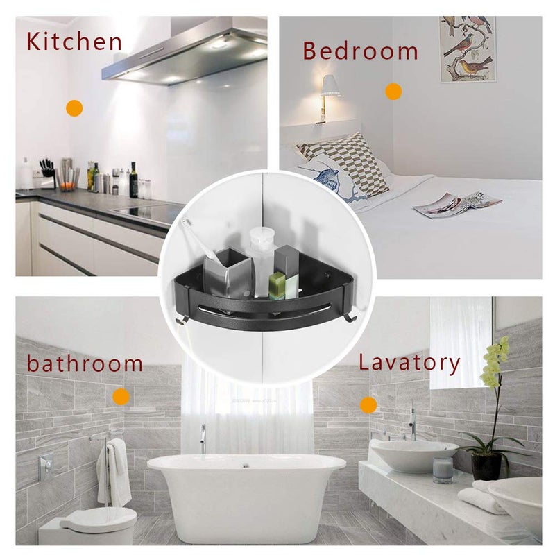 BESy Shower Corner Shelf Bathroom Shower Corner Caddy with Two Hooks, Self Adhesive with Glue or Wall Mount with Screws,Heavy Duty Aluminum 1 Tier Storage Shelves Triangle Baskets,Matte Black Finish - Image 5