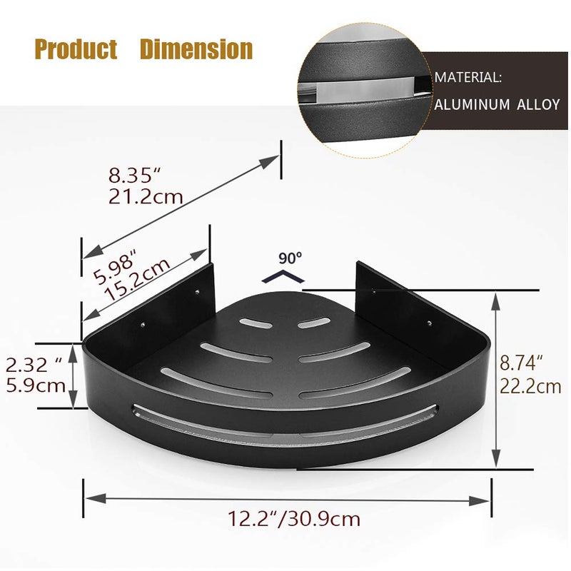 BESy Shower Corner Shelf Bathroom Shower Corner Caddy with Two Hooks, Self Adhesive with Glue or Wall Mount with Screws,Heavy Duty Aluminum 1 Tier Storage Shelves Triangle Baskets,Matte Black Finish - Image 4