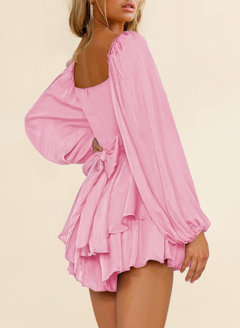 Fixmatti Women Boho Rompers Long Sleeve off Shoulder Square Neck Mini Shorts Chiffon Jumpsuit Pink L - Image 5