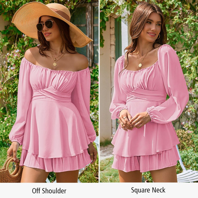 Fixmatti Women Boho Rompers Long Sleeve off Shoulder Square Neck Mini Shorts Chiffon Jumpsuit Pink L - Image 4