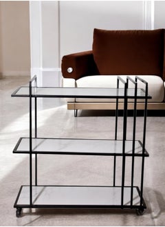 fan baytk Black metal 3-tier serving cart with glass - perfect for serving drinks and meals with convenient dimensions to fit all spaces, 80 cm length, 90 cm height, 30 cm width.  - Image 1