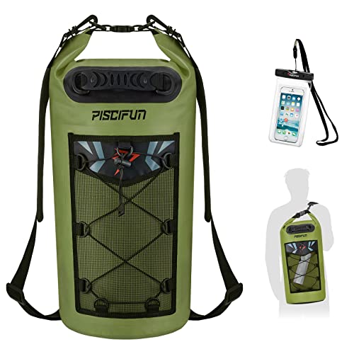 Piscifun Dry Bag, Waterproof Floating Backpack 40L with Waterproof Phone Case for Boating, Kayaking, Fishing, Army Green 40L - Image 1