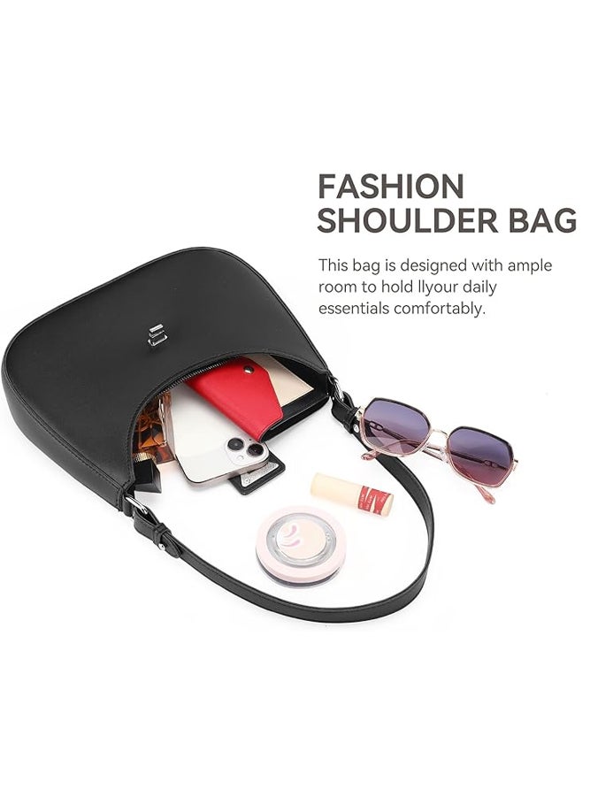 SHABILI Women's PU Crescent Shoulder Bag for Daily Commuting, Ladies Minimalist Handbag Tote Bags with Smooth Zipper Closure and Metal Buckle Detail, Carry Bag Design for Work Shopping Travel (Black) - Image 3