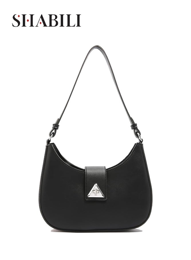 SHABILI Women's PU Crescent Shoulder Bag for Daily Commuting, Ladies Minimalist Handbag Tote Bags with Smooth Zipper Closure and Metal Buckle Detail, Carry Bag Design for Work Shopping Travel (Black) - Image 1