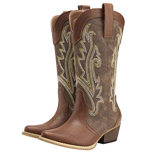 HISEA Rollda Cowboy Boots for Women, Cowgirl Boots, Comfortable Western Boots with Pointed Toe Stitched Embroidery for Country Concert Dancing Wedding Traveling Daily Outfits - Image 1