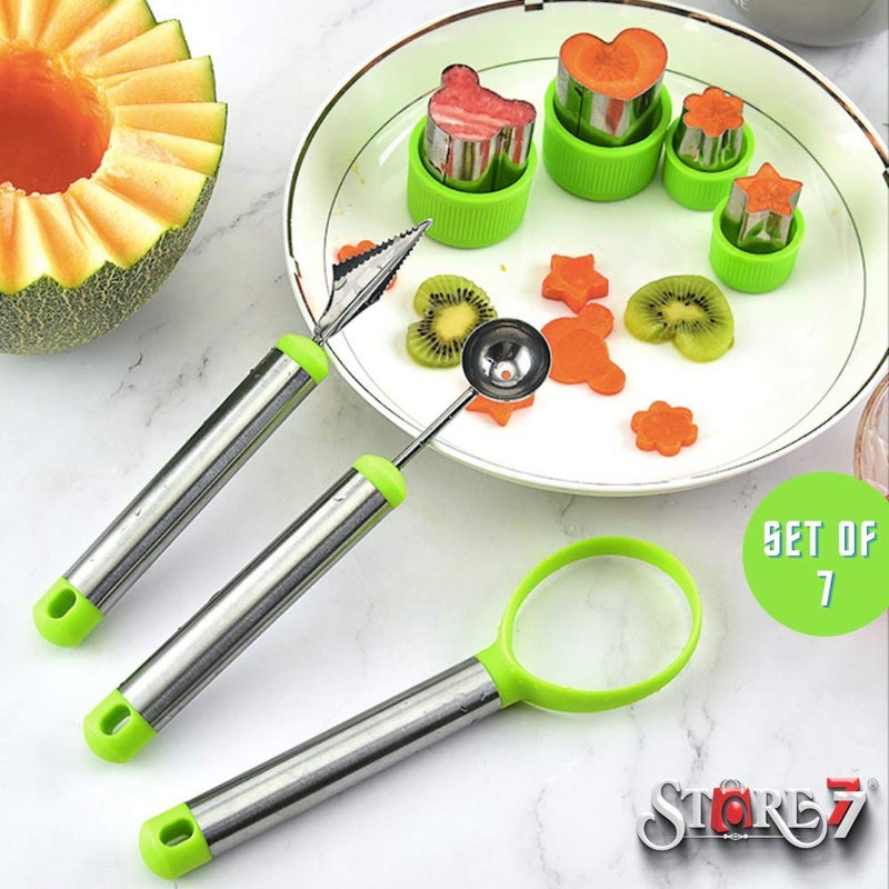 STORE77® DIY 7Pcs Vegetable, Fruit Cutter Shaper Scoop Mold Set, Watermelon Baller/Carving Knife/Baking/Cooking/FruitSalad/Platter/Dessert/CookieCutter/Cake/Ice Cream/Food Decoration Kitchen CraftTool - Image 3