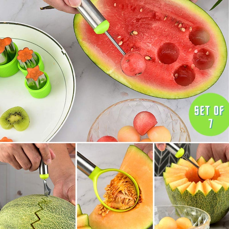 STORE77® DIY 7Pcs Vegetable, Fruit Cutter Shaper Scoop Mold Set, Watermelon Baller/Carving Knife/Baking/Cooking/FruitSalad/Platter/Dessert/CookieCutter/Cake/Ice Cream/Food Decoration Kitchen CraftTool - Image 4
