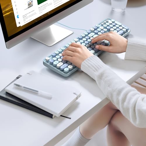 KNOWSQT Wired Computer Keyboard - Blue Colorful Retro Full Size Round Keycaps Plug and Play Typewriter Cute Keyboards for Windows, Laptop, PC, Desktop, Computer - Image 3