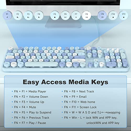 KNOWSQT Wired Computer Keyboard - Blue Colorful Retro Full Size Round Keycaps Plug and Play Typewriter Cute Keyboards for Windows, Laptop, PC, Desktop, Computer - Image 5