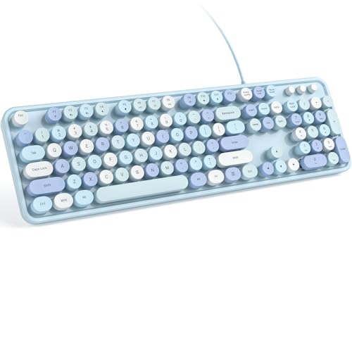 KNOWSQT Wired Computer Keyboard - Blue Colorful Retro Full Size Round Keycaps Plug and Play Typewriter Cute Keyboards for Windows, Laptop, PC, Desktop, Computer - Image 1