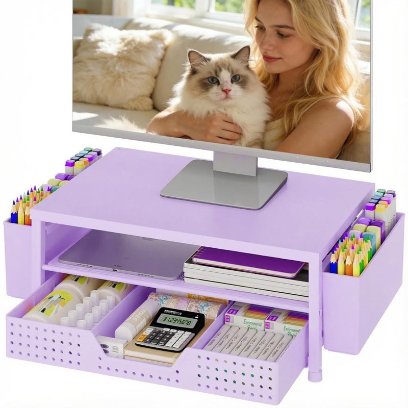 OPNICE Desk Organizers and Accessories, 2-Tier Computer Monitor Stand Riser with Drawer and 2 Pen Holders, Laptop Stand, Office Desk Accessories for Office Supplies, Purple - Image 1