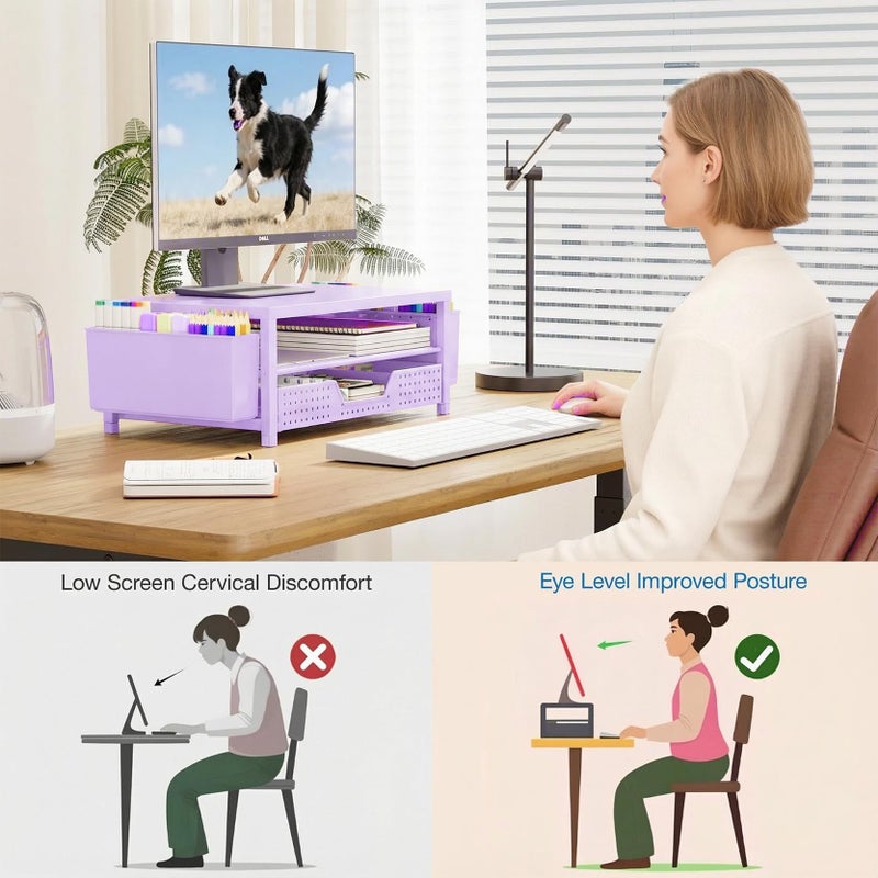 OPNICE Desk Organizers and Accessories, 2-Tier Computer Monitor Stand Riser with Drawer and 2 Pen Holders, Laptop Stand, Office Desk Accessories for Office Supplies, Purple - Image 2