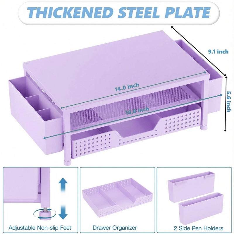 OPNICE Desk Organizers and Accessories, 2-Tier Computer Monitor Stand Riser with Drawer and 2 Pen Holders, Laptop Stand, Office Desk Accessories for Office Supplies, Purple - Image 3