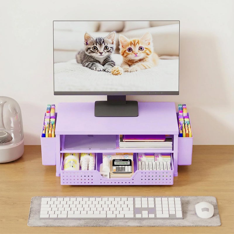 OPNICE Desk Organizers and Accessories, 2-Tier Computer Monitor Stand Riser with Drawer and 2 Pen Holders, Laptop Stand, Office Desk Accessories for Office Supplies, Purple - Image 5