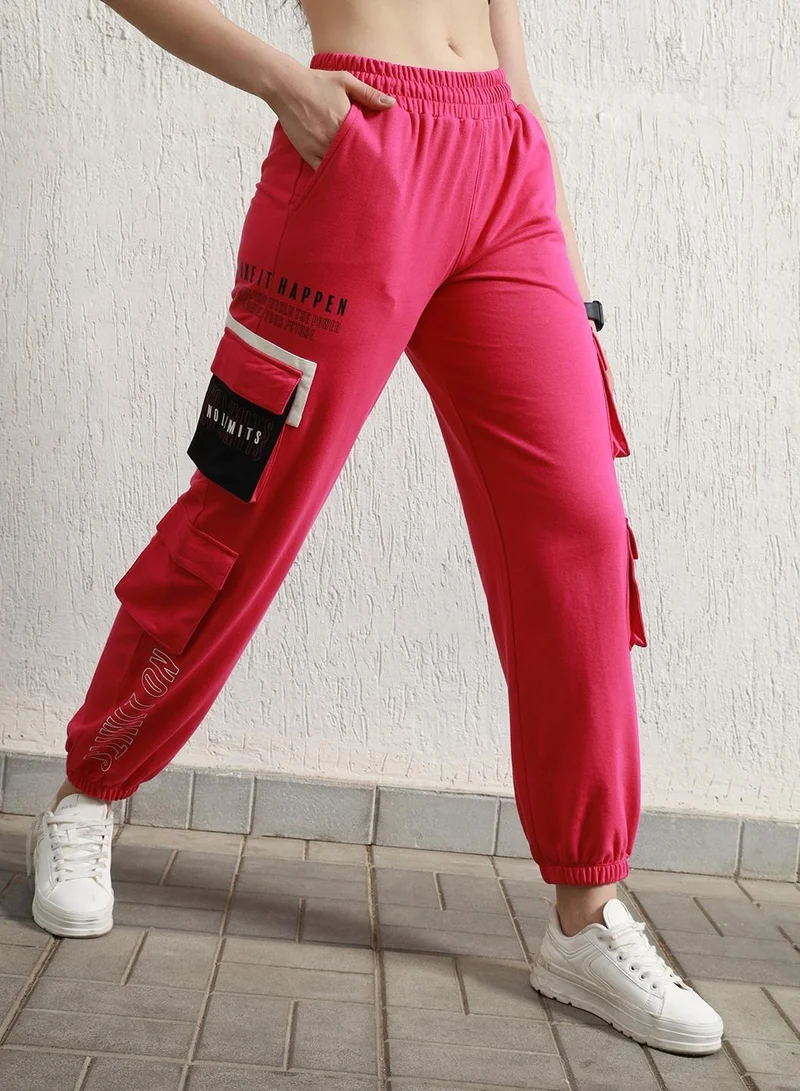 Hubberholme Pink Printed Cargo Joggers for Women with High-Rise and Drawstring Waist