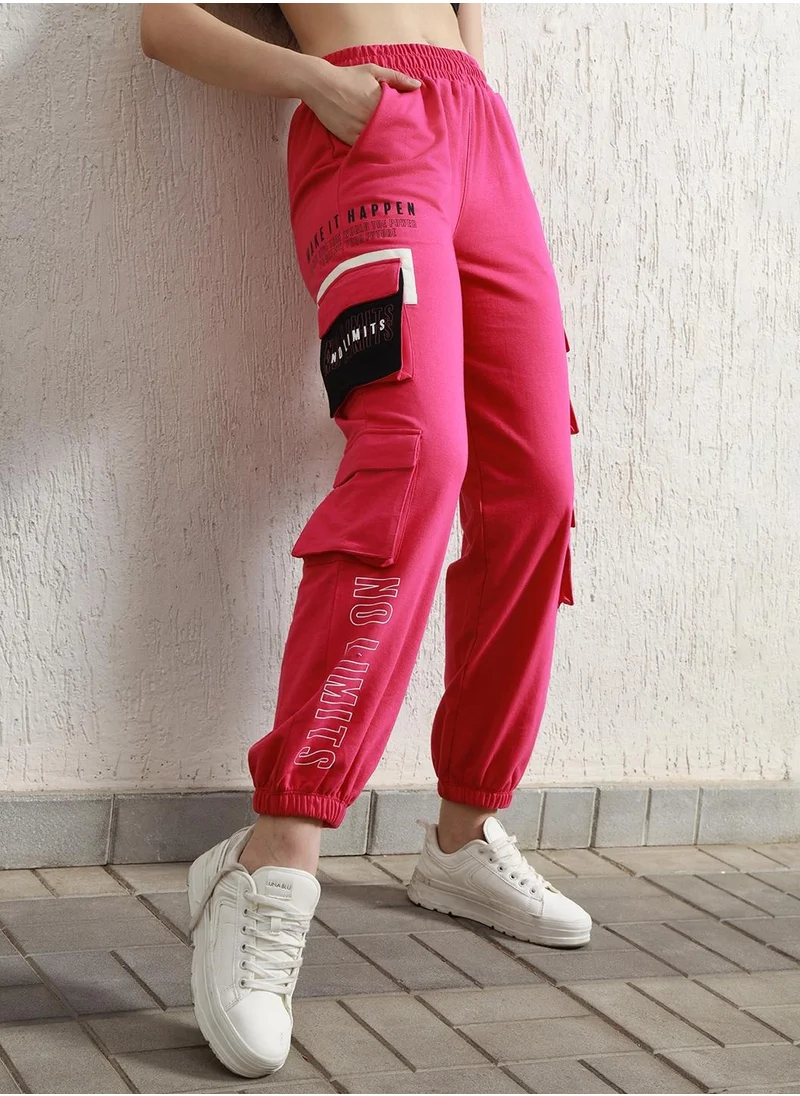 Hubberholme Pink Printed Cargo Joggers for Women with High-Rise and Drawstring Waist