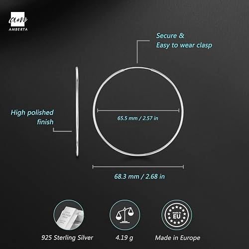 Amberta 925 Sterling Silver Fine Circle Endless Hoops - Polished Round Sleeper Earrings Diameter Size: 20 30 40 60 75 mm (60 mm) - Image 3