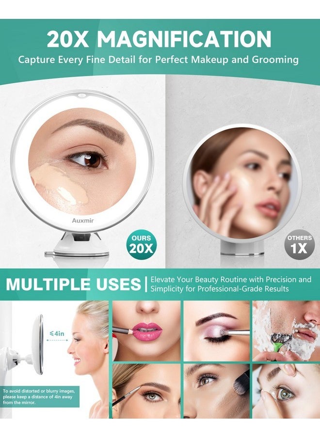 Auxmir - Upgraded 20X Magnifying Lighted Makeup Mirror With 2-Level Brightness, Vanity Mirror With Power Suction Cup, 360° Swivel, Portable Bathroom Mirror For Home Travel, White - Image 1