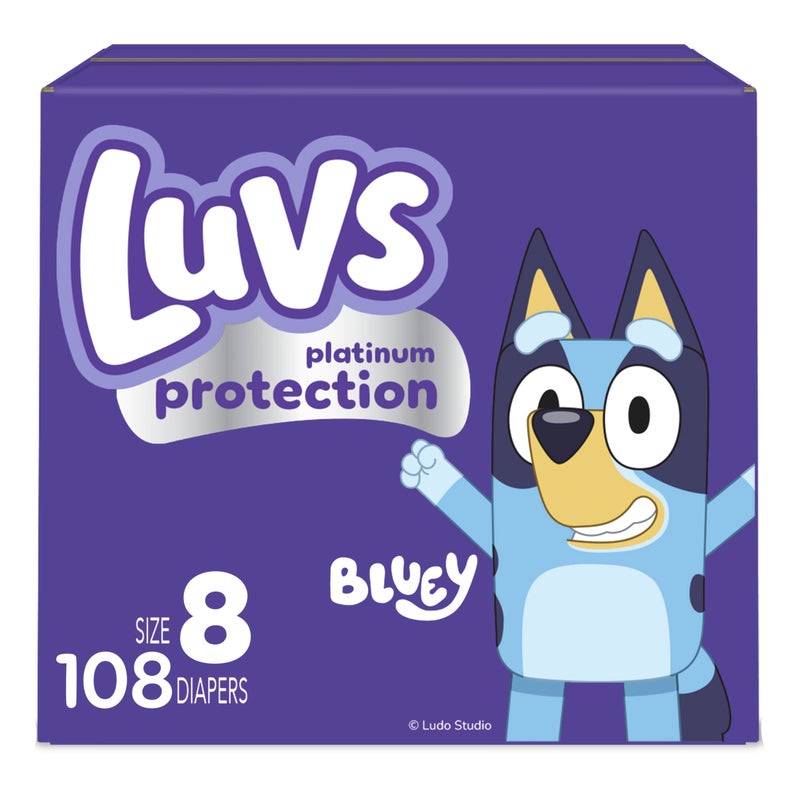 Luvs Size 8 Baby Diapers, Platinum Protection Bluey Diapers for Day & Night,Size 8, 108 Count - Image 1