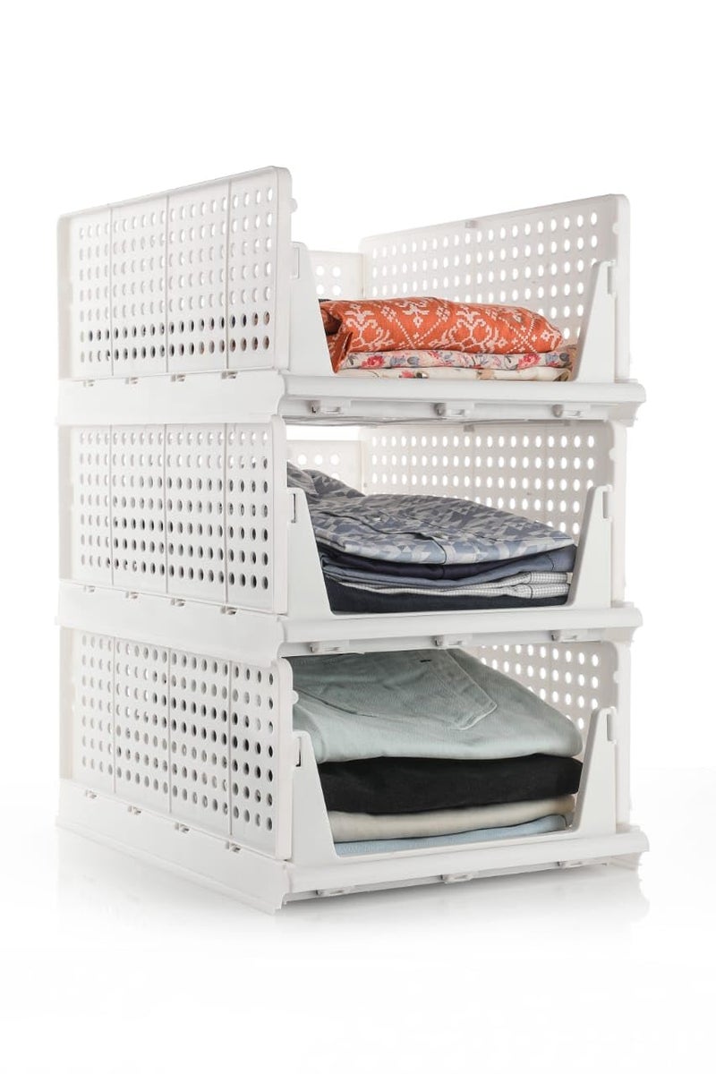 OMORTEX Multipurpose 3 Compartments Heavy Quality Foldable Drawer Clothes Organizer For Wardrobe Cupboard White - Image 1