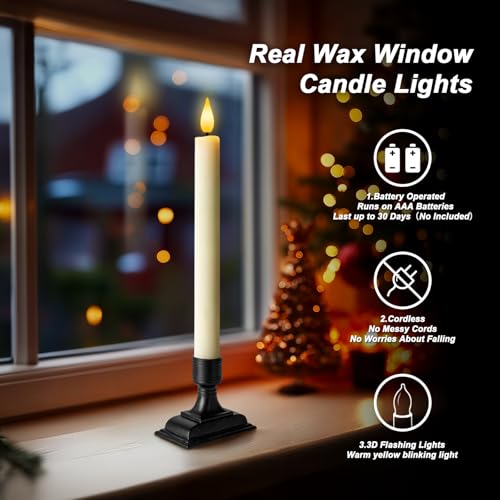 Homemory Real Wax Window Candles with Remote Timer Dimmer Flameless Taper Candles with Holders Christmas Candle for Window Battery Operated LED Candlesticks for Home Holiday Decor6 Pcs Ivory - Image 3