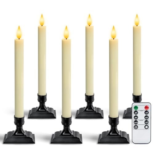 Homemory Real Wax Window Candles with Remote Timer Dimmer Flameless Taper Candles with Holders Christmas Candle for Window Battery Operated LED Candlesticks for Home Holiday Decor6 Pcs Ivory - Image 1
