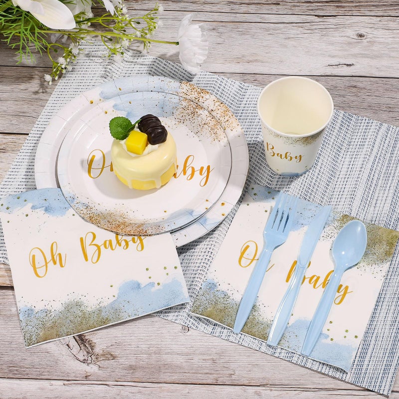 Xiangqu 175 Pcs Baby Boy Shower Plates Dusty Blue Baby Shower Decorations Includes Baby Shower Plates Napkins Cups Plastic Forks Spoons Knives Boy Baby Shower Decorations for 25 Guests  D9267K-11-N - Image 5
