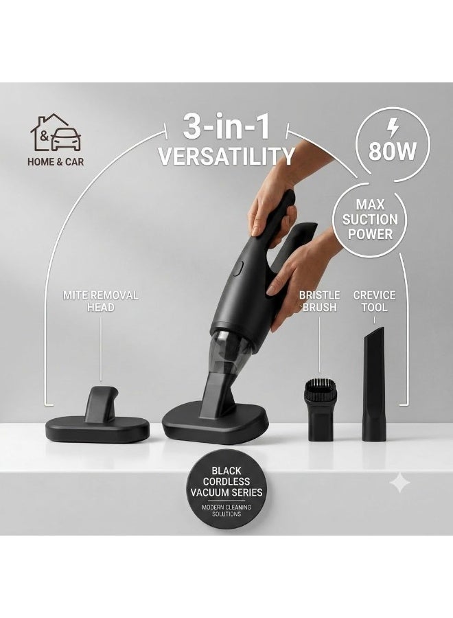 80W Portable Cordless Vacuum Cleaner – 3-in-1 for Mattresses, Sofas, and Cars – Handles Dust and Crumbs; Includes Multiple Attachments, 120ml Dust Bin, and USB-C Charging. - Image 5
