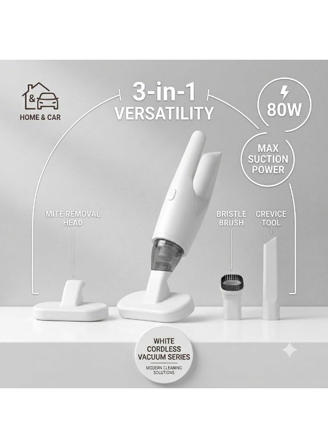 80W Portable Cordless Vacuum Cleaner – 3-in-1 for Mattresses, Sofas, and Cars – Handles Dust and Crumbs; Includes Multiple Attachments, 120ml Dust Bin, and USB-C Charging. - Image 3
