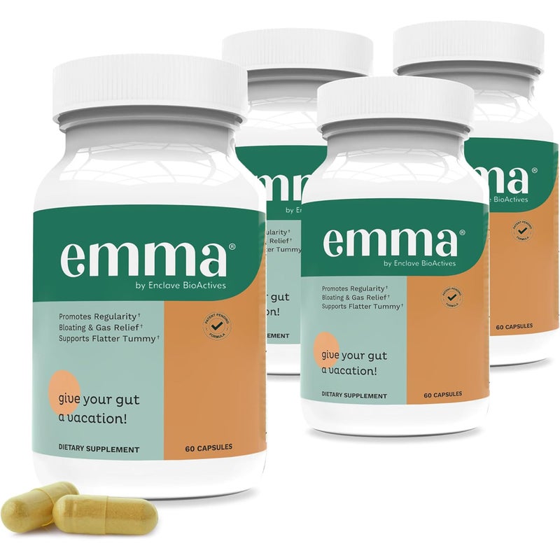 Emma Gut Health - 4 Pack - Gas and Bloating Relief, Constipation, Leaky Gut Repair - Gut Cleanse & Restore Digestion - Regulate Bowel Movement. Probiotics and Laxative Alternative, 240 Capsules - Image 1