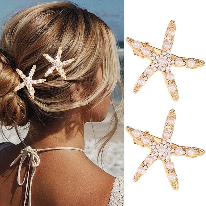 CAKURE Starfish Hair Clips Gold Metal Sea Star Hair Barrettes Cute Pearl Side Hair Pins Beach Hair Accessories for Women and Girls Pack of 2 agold