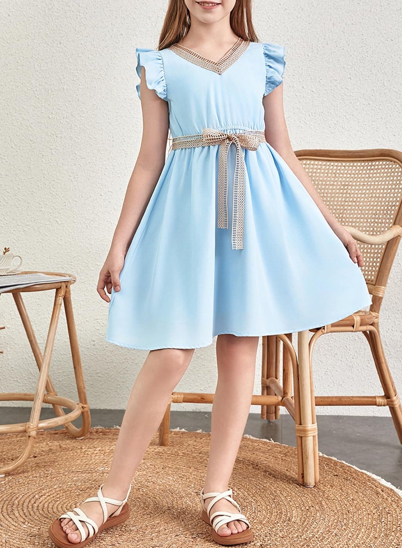 blibean Tween Girls Dresses Summer Short Sleeve Kids Girl Wedding Guest Dress Boho Bohemian Casual Swing Outfit Fashion Semi Formal Party Graduation Clothes Size 12-13 Year Old Blue - Image 4