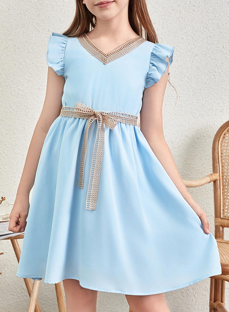 blibean Tween Girls Dresses Summer Short Sleeve Kids Girl Wedding Guest Dress Boho Bohemian Casual Swing Outfit Fashion Semi Formal Party Graduation Clothes Size 12-13 Year Old Blue - Image 3