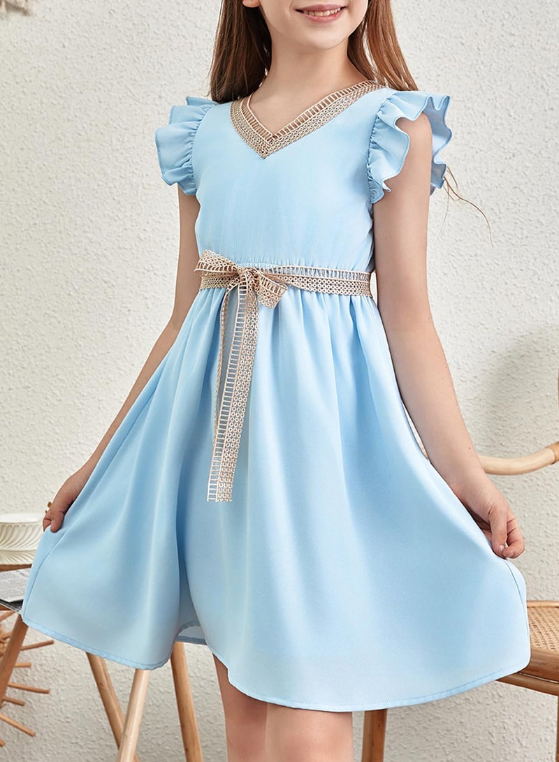 blibean Tween Girls Dresses Summer Short Sleeve Kids Girl Wedding Guest Dress Boho Bohemian Casual Swing Outfit Fashion Semi Formal Party Graduation Clothes Size 12-13 Year Old Blue - Image 2