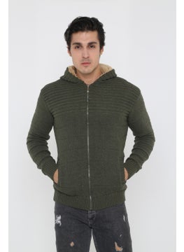Kmk Men's Khaki Fur Lined Hooded Knitted Cardigan  - Image 2